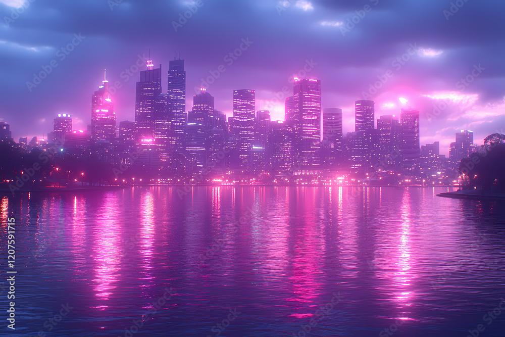 Fototapeta premium Cityscape under a deep sapphire sky, with neon lights and reflections in the water