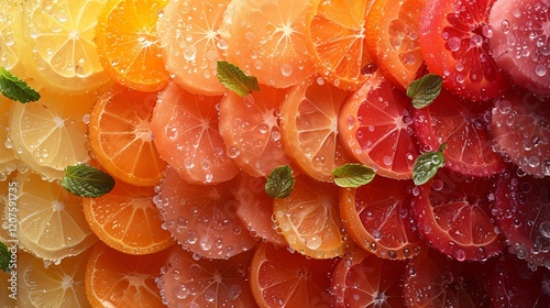 A close up of delicious so many sliced orange and lemon arranged with droplets of water