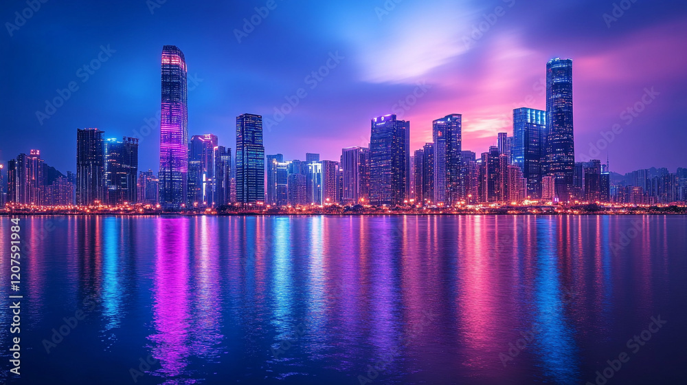 Fototapeta premium Vibrant city skyline and water reflections during twilight in a modern urban area