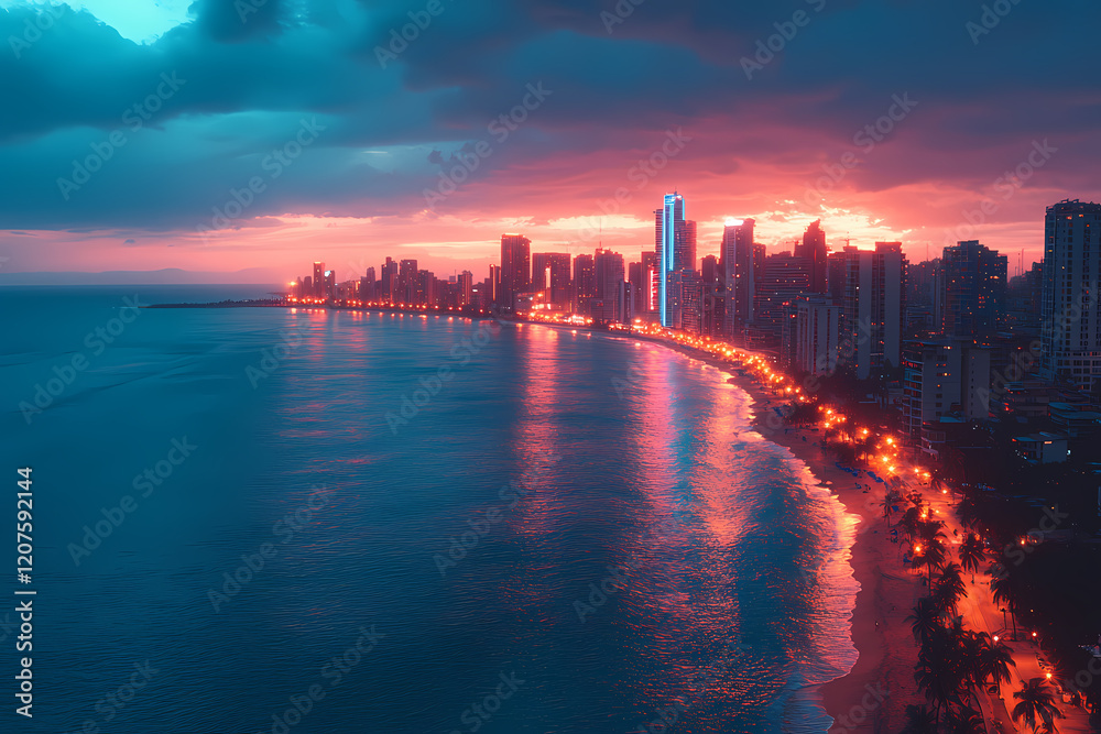 Fototapeta premium Cityscape under a deep sapphire sky, with neon lights and reflections in the water 