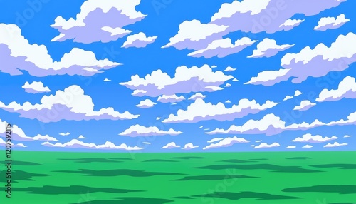 A bright blue sky with fluffy white clouds over a green field