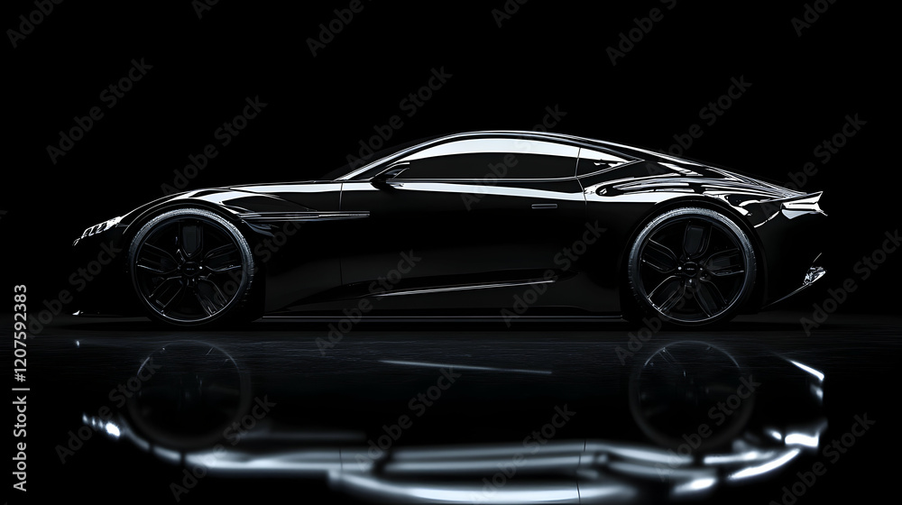 Fototapeta premium Sleek Black Sports Car Design in Studio Lighting with Reflection