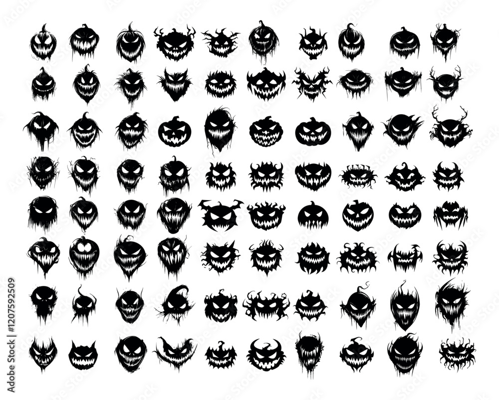 Fototapeta premium Different faces black ink icons vector set. Angry eyes fangs scary vegetable heads, grinning evil emotion tiny ghost horror monsters avatars, isolated on white background
