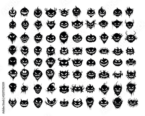 Different faces black ink icons vector set. Angry eyes fangs scary vegetable heads, grinning evil emotion tiny ghost horror monsters avatars, isolated on white background