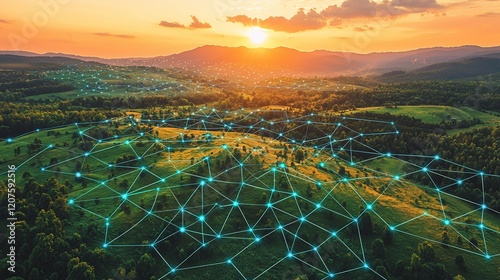 Sunset over connected rural landscape.