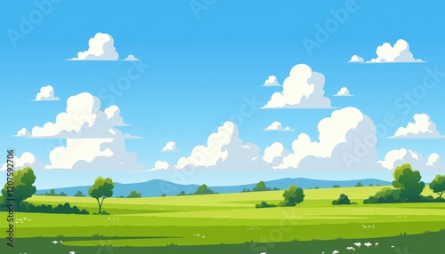 Idyllic Summer Landscape with Lush Green Fields and Fluffy Clouds