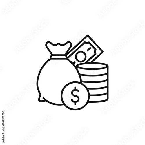 This collection includes thin line icons representing key finance concepts like money management, savings, loans, cash handling, and budgeting for improved visual communication and understanding