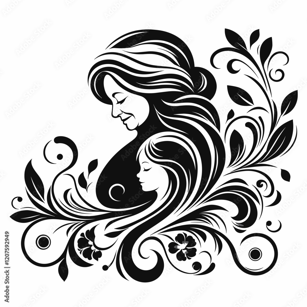 Fototapeta premium Mother and daughter silhouette with floral designs