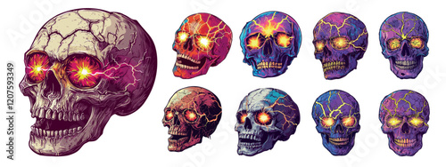 Electricity flashes skull lighting bolts cartoon vector set. Human dead head bone discharges body remains, colorful skeletons bright energy avatars, isolated illustration on white background
