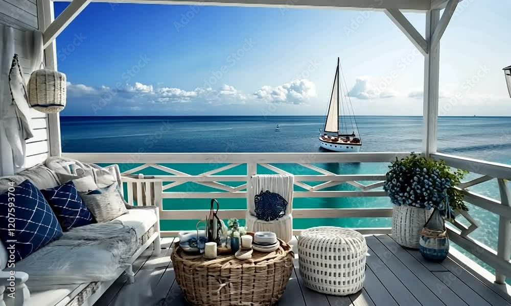 Serene seaside balcony with sailboat and ocean view