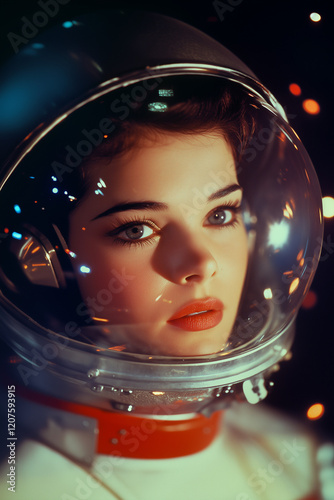 vintage astronaut actress in retro futurism sci-fi film wearing space helmet photo