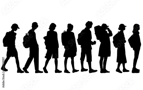 Silhouettes of men and women, group standing and walking people with backpacks, vector, profile, black isolated on white background