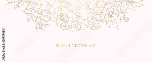Luxury background with vintage bouquet of peonies pattern. Hand drawn botanical elegant flower in line art style with texture. Vector illustration for card, wedding invitation, wallpaper, cover