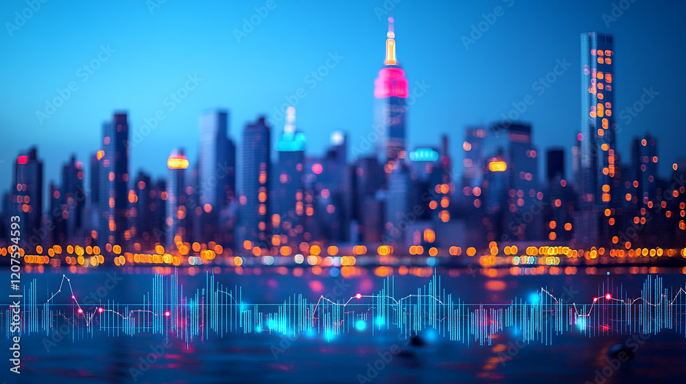 Fototapeta premium City skyline illuminated at night with colorful lights reflecting on the water