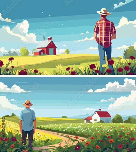 Farmer near farm cartoon vector scenes. Field hat shirt man back view meadow grass flowers road rural countryside farmland character bright concepts