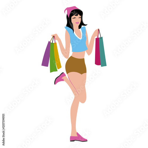 Happy Shopper: A stylish woman with a bright smile holds a collection of colorful shopping bags, radiating joy and excitement about her retail therapy.  