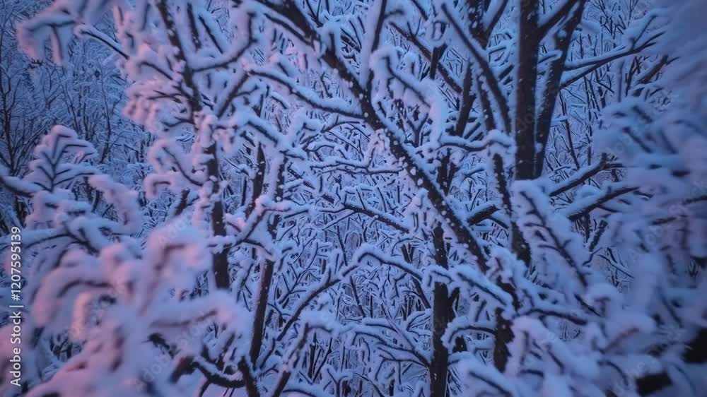 Snow-covered branches in winter forest at dusk, tranquil nature scene Snow-covered branches in winter forest at dusk, tranquil nature scene