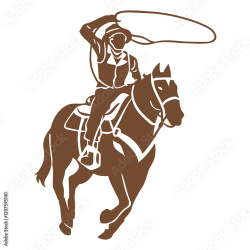 Cowboy Lasso: A silhouette of a rugged cowboy riding a bucking bronco, expertly wielding a lasso in a dynamic display of skill and equestrian prowess.