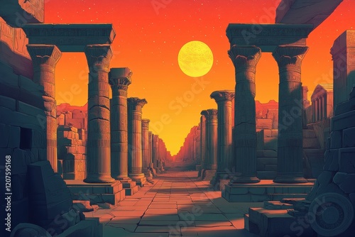Ancient Ruins with Columns and a Large Moon in a Red Sky