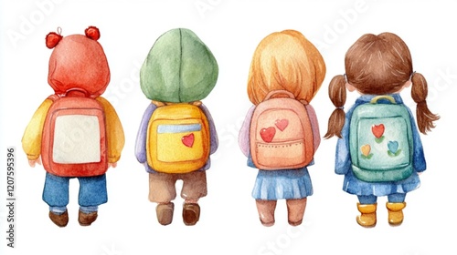 リュックを背負った4人の保育園児の後ろ姿のカラフルな水彩イラスト