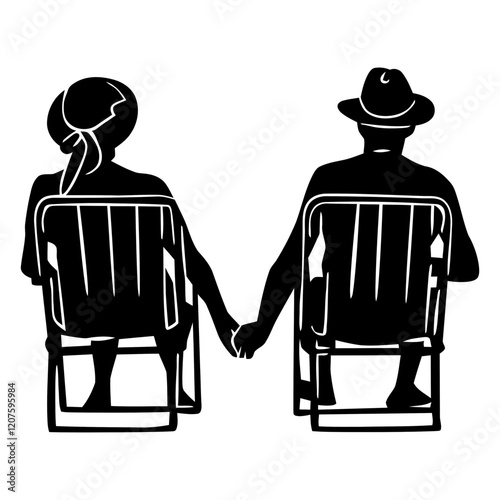 Silhouette of Couple Holding Hands: A romantic silhouette of an elderly couple holding hands, seated in chairs, viewed from behind, exuding warmth, companionship and enduring love.