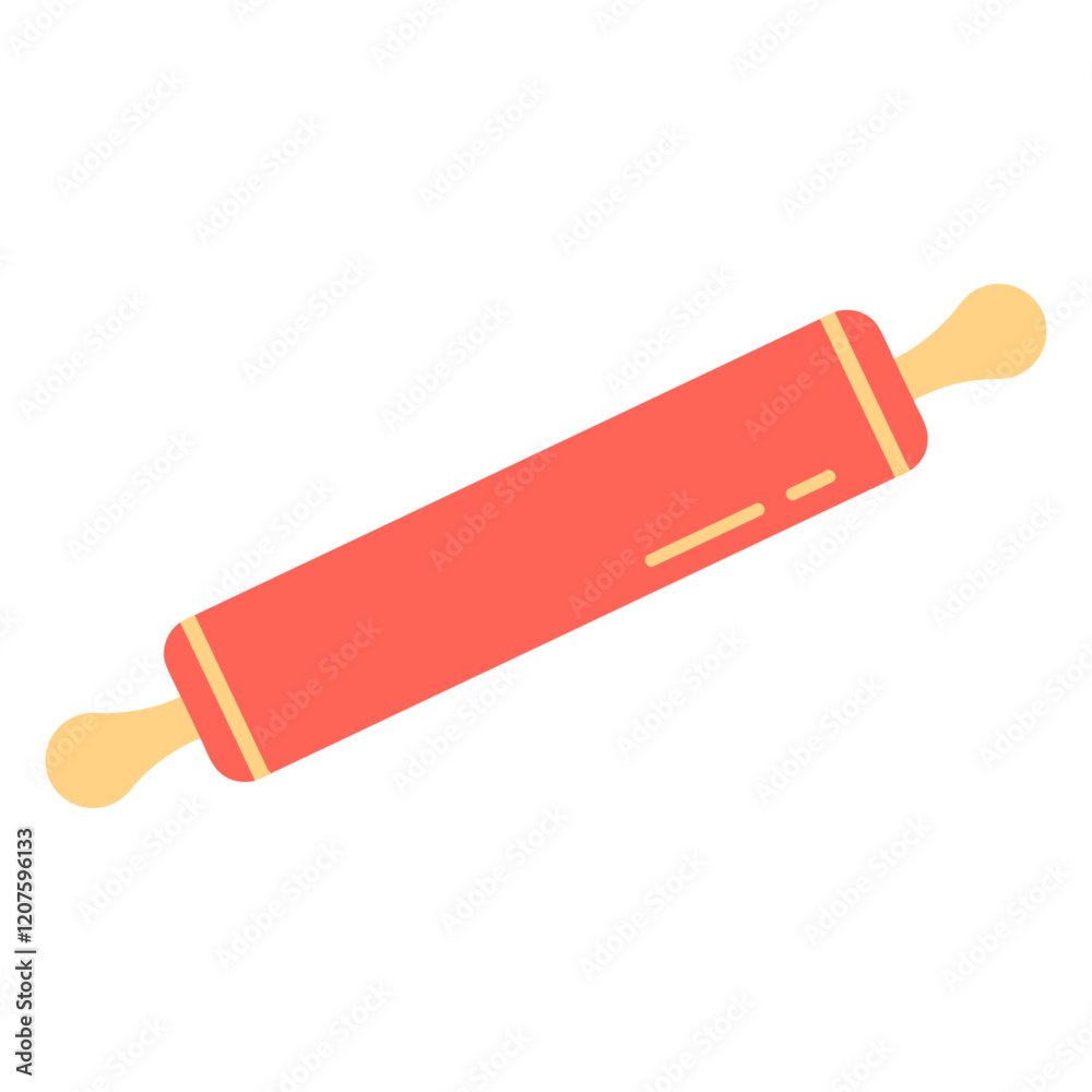 Red Rolling Pin: A flat vector illustration of a red rolling pin with yellow handles, isolated against a transparent background. Perfect for culinary, baking, kitchen. Red Rolling Pin: A flat vector illustration of a red rolling pin with yellow handles, isolated against a transparent background. Perfect for culinary, baking, kitchen.