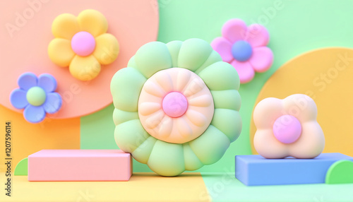 Pastel Flower Power A Delightful 3D Render of Blooming Retro Flowers