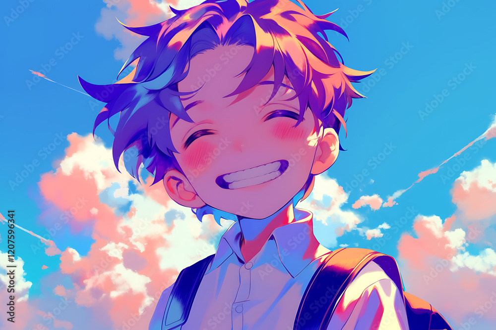Cheerful young boy smiling against a bright blue sky with fluffy clouds, capturing a joyful moment Cheerful young boy smiling against a bright blue sky with fluffy clouds, capturing a joyful moment