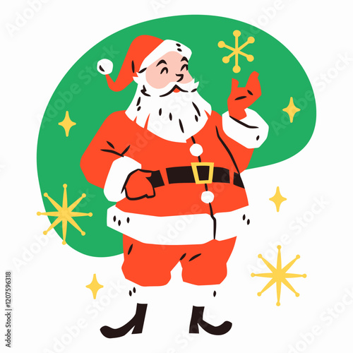 Groovy Santa Claus: A fun, retro-style illustration of Santa Claus,  showing a rock-and-roll hand gesture against a vibrant green and teal background, surrounded by sparkling snowflakes and stars. 