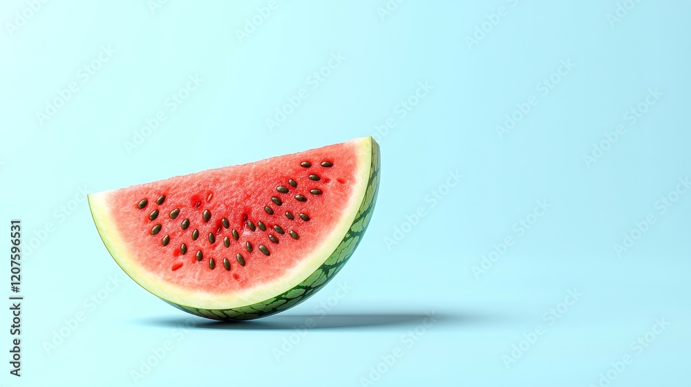 food safety concept. Fresh watermelon slice against a light blue background, showcasing juicy red flesh and green rind. food safety concept. Fresh watermelon slice against a light blue background, showcasing juicy red flesh and green rind.