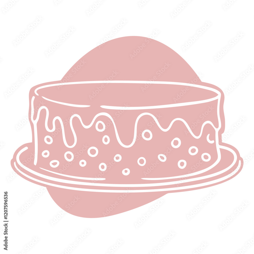 Delicious Drizzled Cake: A delectable line art illustration of a round cake, adorned with a luscious, drizzled icing, sitting on a cake stand against a blush pink background. Perfect for bakeries. Delicious Drizzled Cake: A delectable line art illustration of a round cake, adorned with a luscious, drizzled icing, sitting on a cake stand against a blush pink background. Perfect for bakeries.