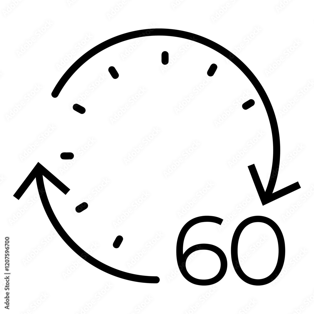 Clock Icon: A simple yet impactful line icon depicting a clock with arrows indicating a continuous cycle of 60 minutes. Perfect for illustrating concepts of time management, productivity. Clock Icon: A simple yet impactful line icon depicting a clock with arrows indicating a continuous cycle of 60 minutes. Perfect for illustrating concepts of time management, productivity.