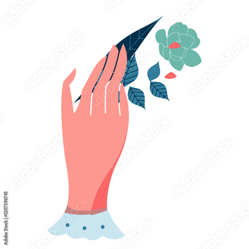 Gentle Touch: A woman's hand delicately caresses a single flower and leaf, a minimalist illustration evoking feelings of grace, tenderness, and connection with nature.  