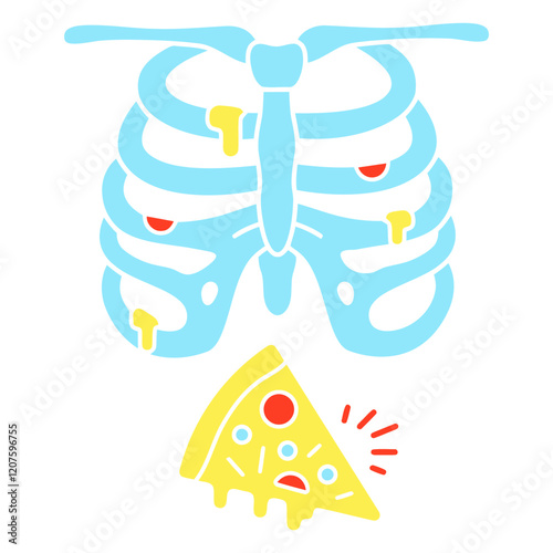 Skeleton with Pizza: A lighthearted and whimsical illustration of a cartoon skeleton with pizza dribbling down its ribs, playfully depicting the joy of indulging in a delicious pizza.
