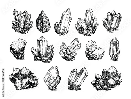 Glass crystals engraving vector set. Manganese quartz rock minerals fragments, stalagmites cobblestones stalactites gemstones, monochrome hand drawn sketch isolated on white background
