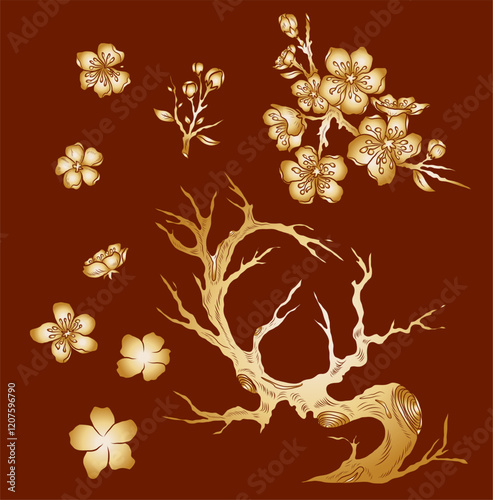 Peach flower and cherry blossom set.Sakura vector set.isolate and golden flower.Free hand Sakura flower vector set, Elements for printing on paper or curtain,Fabric pattern and shirt.