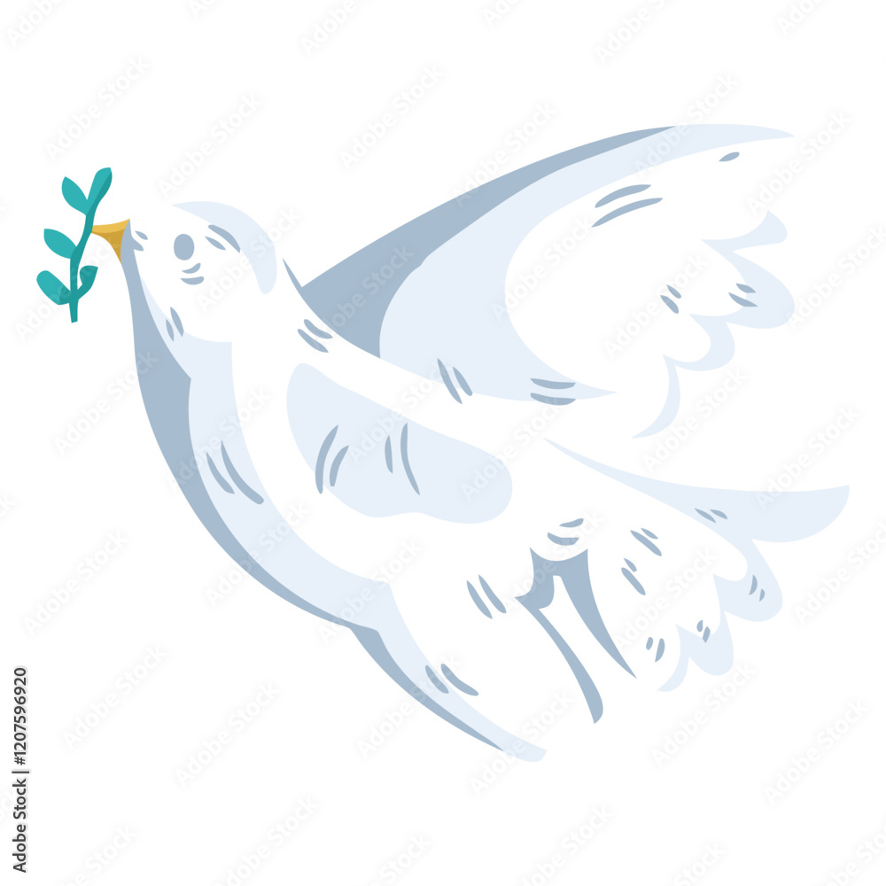 Obraz premium Dove of Peace in Flight: A stylized illustration of a white dove carrying an olive branch, symbolizing peace, hope, and new beginnings. The design is minimalist and evokes a sense of serenity.
