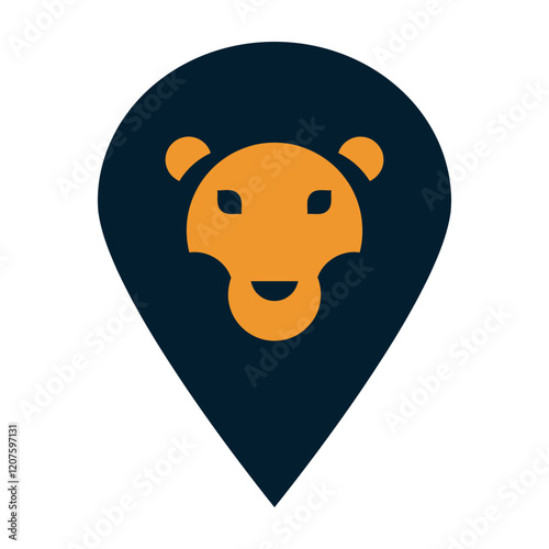 Lion Location Icon: A minimalist design featuring a lion's face within a map pin, symbolizing location and strength. Perfect for travel, adventure, or safari-related projects. 