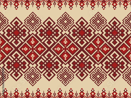 A traditional red and beige geometric pattern featuring symmetrical diamond motifs, showcasing tribal ethnic art and intricate decorative designs, representing cultural heritage and craftsmanship.