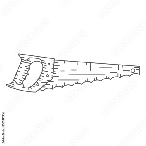Hand-Drawn Saw Illustration: A detailed line drawing of a classic saw with a wooden handle and serrated blade,  perfectly capturing the simplicity and functionality of this essential woodworking tool.