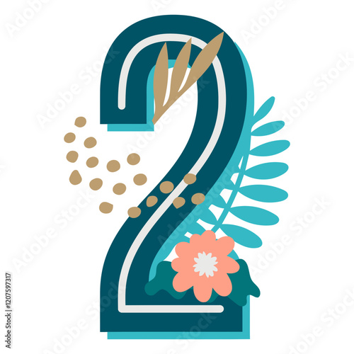 Floral Number Two: A whimsical illustration of the number "2" adorned with a colorful array of botanical elements, including leaves, flowers, and dots, evoking a sense of playfulness and charm. 