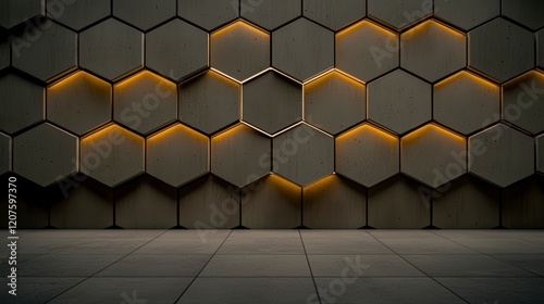 Fototapeta Naklejka Na Ścianę i Meble -  Illuminated Hexagonal Concrete Tiles  3D Wall Panel Background