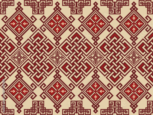 Exquisite geometric fabric pattern with intricate red and beige diamonds. Perfect for adding traditional elegance to any space
