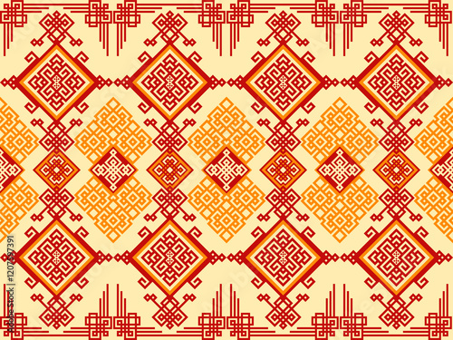 Vibrant geometric pattern with traditional motifs in red and gold tones, inspired by cultural textile art. Ideal for backgrounds, fabrics, and decorative designs.