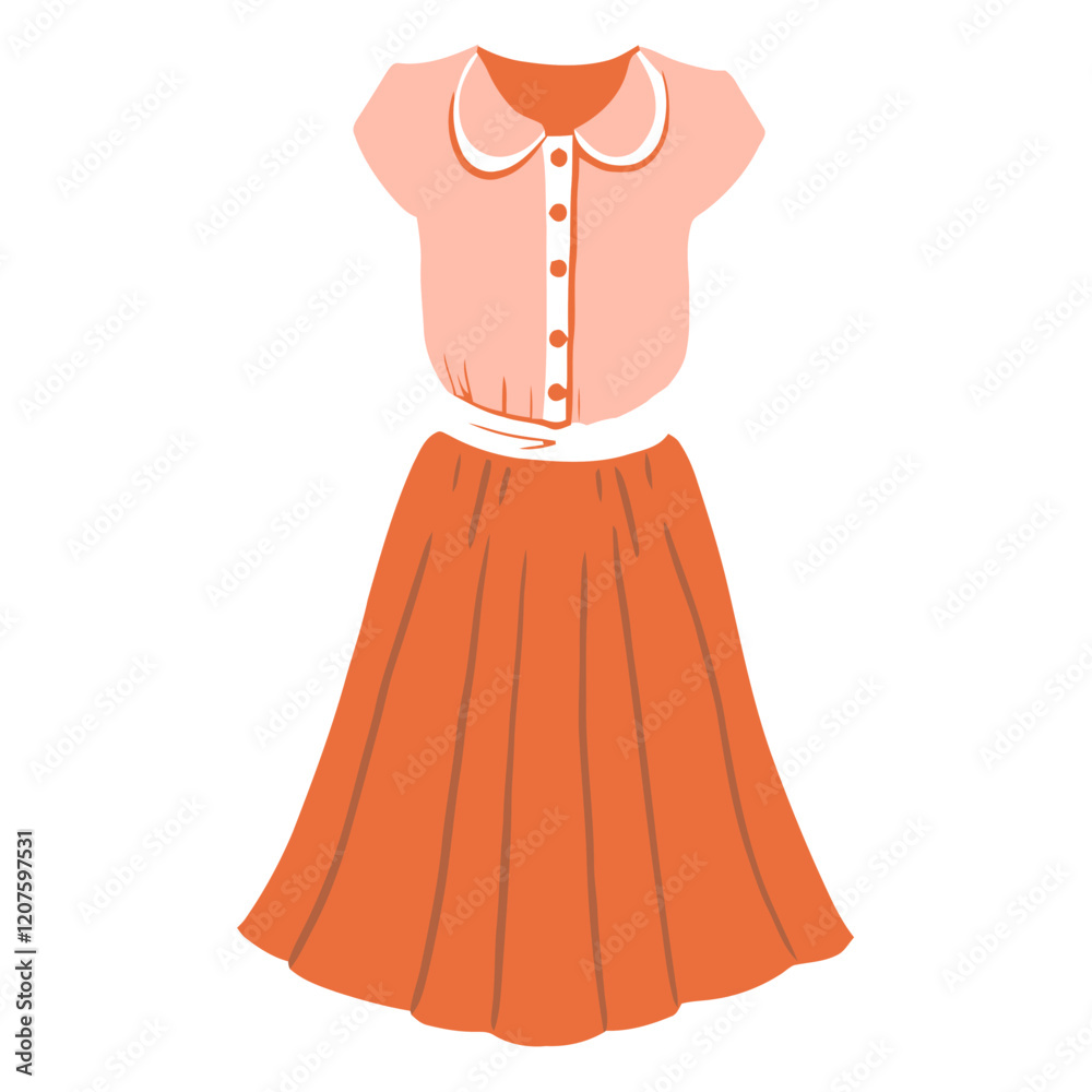 Obraz premium Retro Chic: A charming, illustrated two-piece outfit in warm peach and orange hues. Featuring a button-up blouse with a classic peter pan collar and a full skirt.