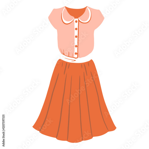 Retro Chic: A charming, illustrated two-piece outfit in warm peach and orange hues. Featuring a button-up blouse with a classic peter pan collar and a full skirt.