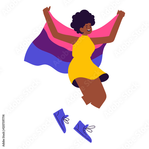 Joyful Celebration of Identity: A vibrant illustration depicting a Black woman joyfully jumping while holding a bisexual pride flag, symbolizing self-acceptance, pride.