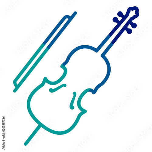 Celestial Cello: A vibrant, gradient-blue line art illustration of a cello and its bow, elegantly arranged against a transparent background.