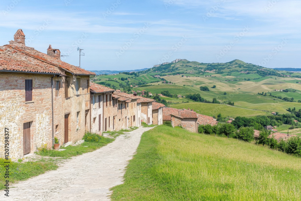 A row of old brick houses sit on a hillside in a grassy field A row of old brick houses sit on a hillside in a grassy field