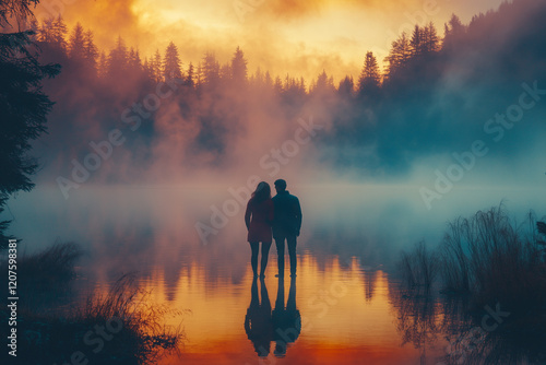 Romantic Sunset by the Misty Lake photo